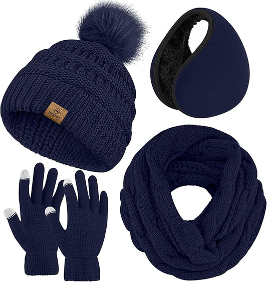 URATOT 4-In-1 Winter Warm Sets Knitted Scarf Touch Screen Gloves Beanie Pompom Hat and Winter Ear Warmer for Men or Women
