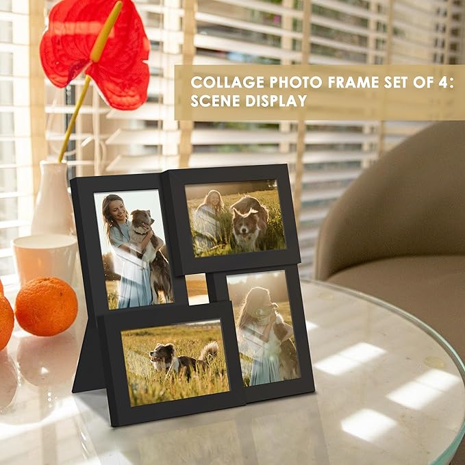 4x6 Collage Picture Frame Tempered Glass Front, Displays Four 4x6 Photo, Family Photo Collage Frame, Wall Decor Wall Hanging or Tabletop, Black