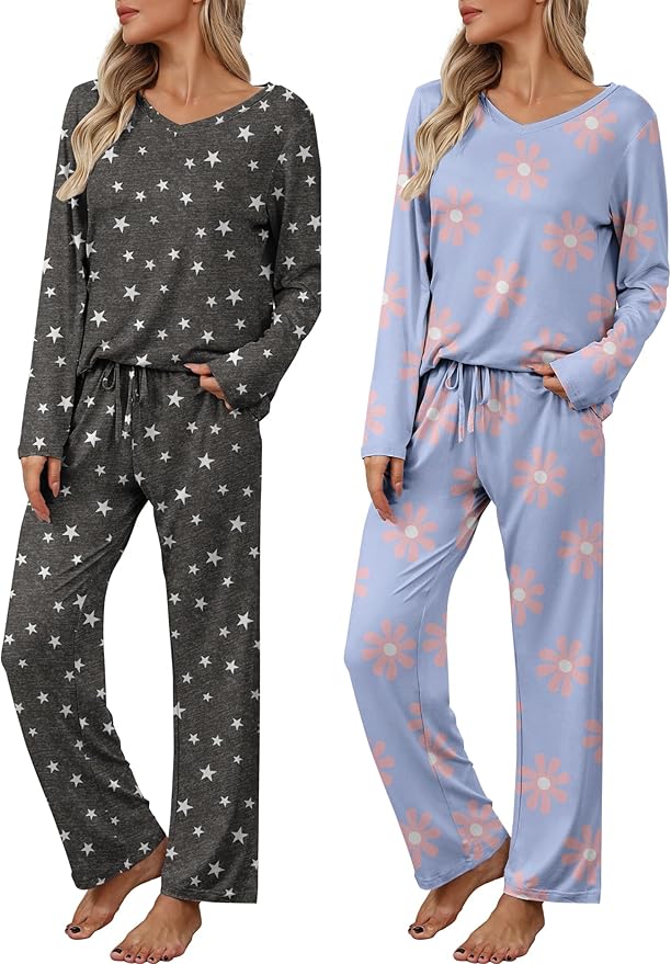 Ekouaer Womens 2 Pack Pajama Set Long Sleeve Pajamas Top and Pants V Neck Pjs Set Soft Loungewear with Pockets