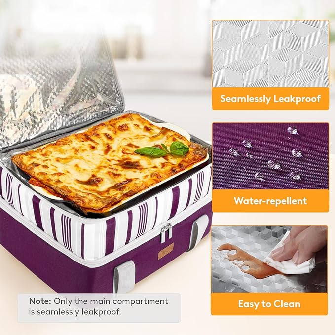 LUNCIA Insulated Double Decker Casserole Carrier, Lasagna Lugger Tote Keeps Food Hot or Cold, Thermal Lunch Bag for Potluck Parties, Picnic and Cookouts, Fits 9" x 13" Baking Dish, Purple