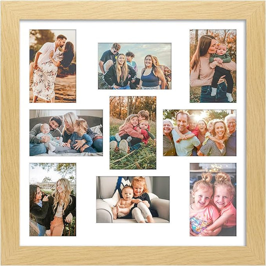 17x17 Picture Frame Display 9 opening 4X6 Picture Frame Collage,Multi Photo Frame with Mat,Plexiglass,Wall Mount Decor,Natural Wood Grain