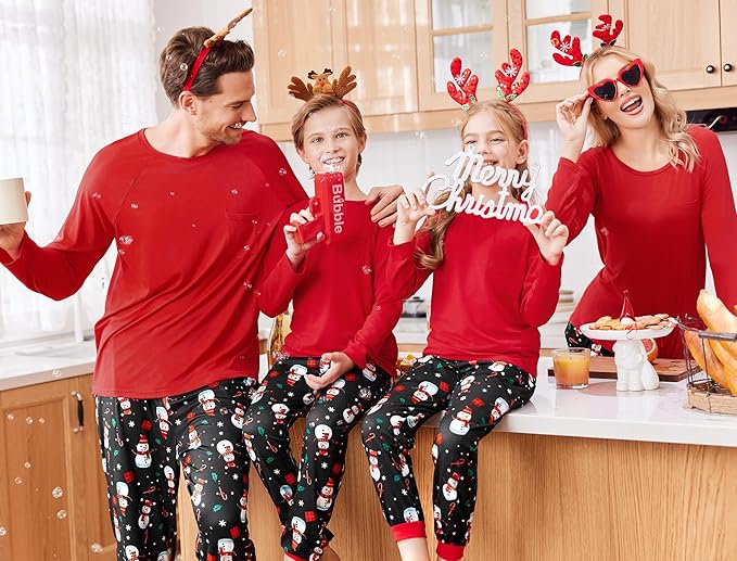 Ekouaer Family Matching Pajamas Christmas Sleepwear Long Sleeve Sleep Shirt with Plaid Pants Soft Loungewear Pjs Set S-XXL