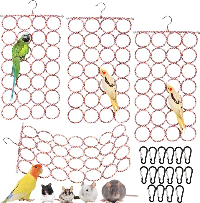 Yopay 4 Pack Parrot Bird Swing Hanging Toys, Rat Climbing Ladder Rope Perch, Net Toy for Cage, Mouse, Mice, Parakeets Cockatiels Conures Lovebirds, Multiple Purpose Scarf Hanger
