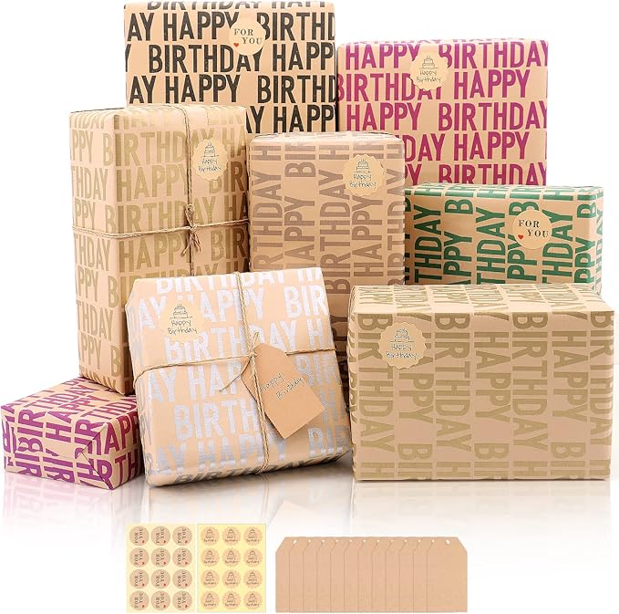 Kraft Brown Recycled Gift Wrapping Paper Set, 12 Sheets with Stickers, Happy Birthday Pattern Design for Kids & Adults, 2028 inches