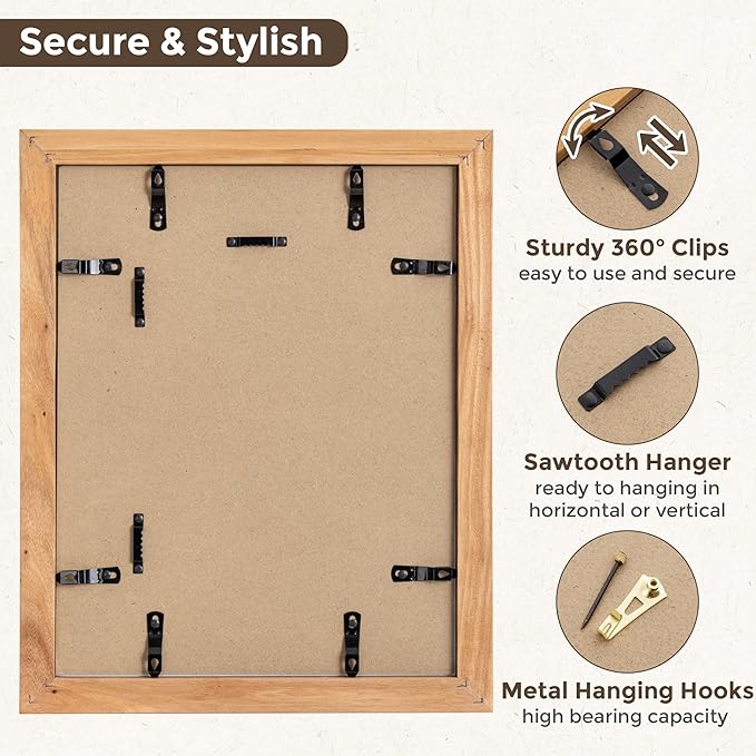 Fun Memories 11x14 Picture Frame-Real Tempered Glass, Rustic Wooden Photo Frames 11 x 14, Display Pictures 8x10 with Mat or 11x 14 Without Mat, 11x14 Picture Frame for Wall Mounted, Natural, 1 Pack
