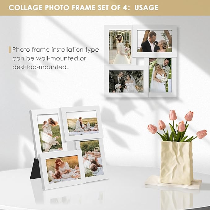 4x6 Collage Picture Frame Tempered Glass Front, Displays Four 4x6 Photo, Family Photo Collage Frame, Wall Decor Wall Hanging or Tabletop, White