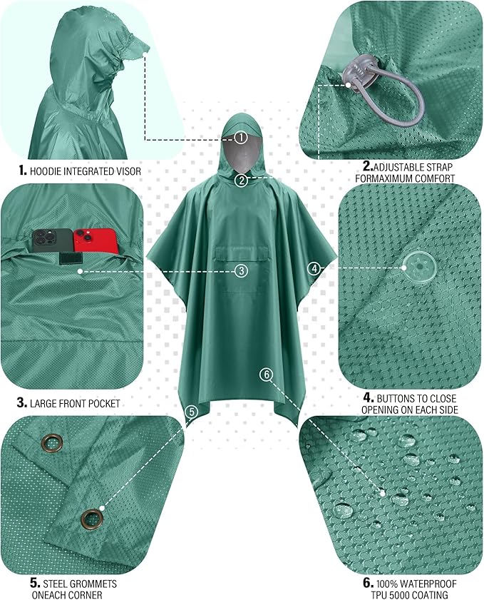iCreek Hooded Rain Poncho Packable Unisex Raincoat Jacket with Pocket Waterproof Lightweight for Hiking, Camping, Outdoor