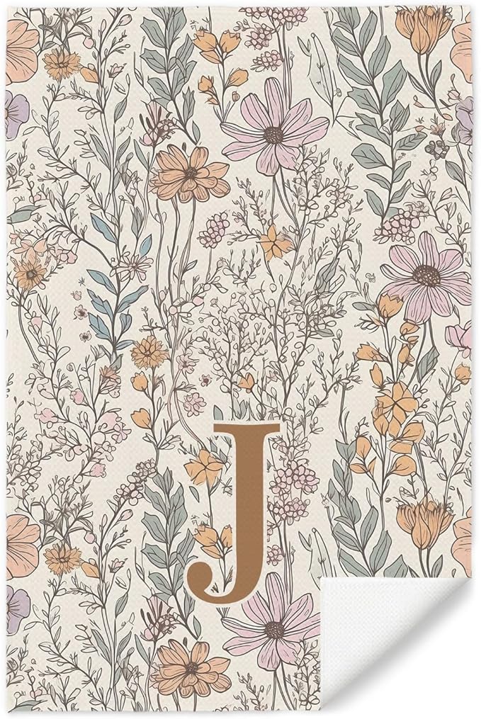 Initial J Personalized Floral Kitchen Towels Dish Towel, Custom Hand Towels for Bathroom, Monogrammed Gifts for Women Mom, Boho Floral Decorative Kitchen Towels Tea Towel, 16x24 Inch