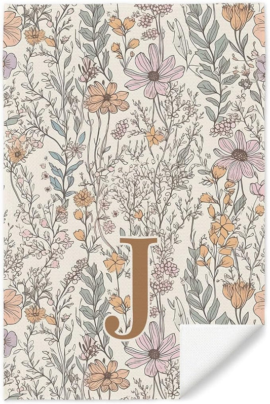Initial J Personalized Floral Kitchen Towels Dish Towel, Custom Hand Towels for Bathroom, Monogrammed Gifts for Women Mom, Boho Floral Decorative Kitchen Towels Tea Towel, 16x24 Inch