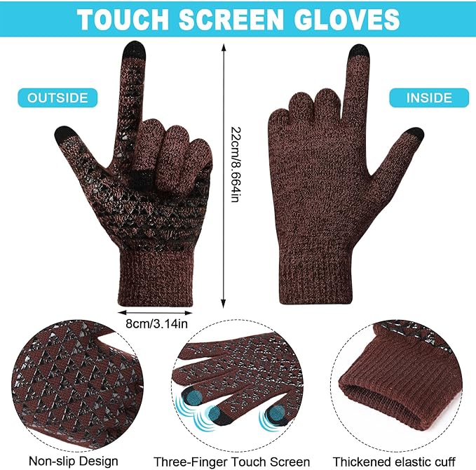 Winter Fleece Lined Beanie Hat Scarf Sock Touchscreen Gloves Set for Men Women