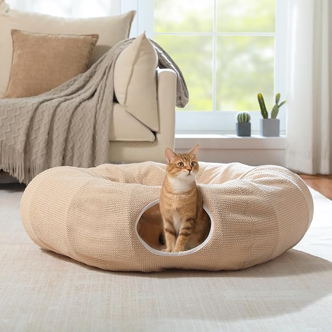 PEQULTI Beige Donut Cat Tunnel Bed Washable Plush Mat Multi for Small Pets | Round play tube with soft detachable plush mat, multi-pet toy fit indoor cats, kittens, puppies, rabbits and ferrets