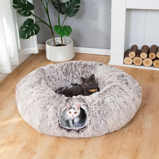 Warm Fluffy Plush Cat Tunnel Bed Under Christmas Tree Big Tube Playground Toys 3 FT Diameter Longer Crinkle Collapsible 3 Way, for Indoor Cat Kitty Kitten Puppy Rabbit Ferret Brown