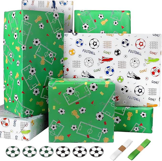 Ribbion Wrapping Paper Football Sheets with Sport Soccer Green White Mixed Design, Gift Wrap Set for Present, 6 Sheets, 28"Lx20"W per Sheet