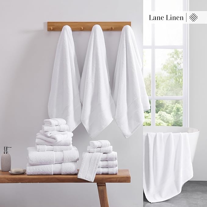 LANE LINEN Towel Set of 18 – 100% Ring-Spun Cotton, Zero Twist, 6 Large Bath Towel, 6 Hand Towels & 6 Wash Cloths, Quick Dry & Long-Lasting, Perfect for Family Bathrooms, Easy Care – White Towels