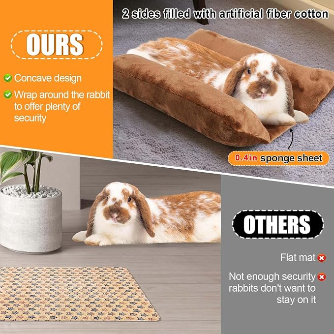 MEWTOGO 15.7" x 14" Bunny Bed for Rabbit Cage, Thickened & Soft | Prevent Sore Hocks Plush Mat with Cotton Lounger Pillows, Small Animal Flop Mat for Hutch Sleeping Indoor, Brown