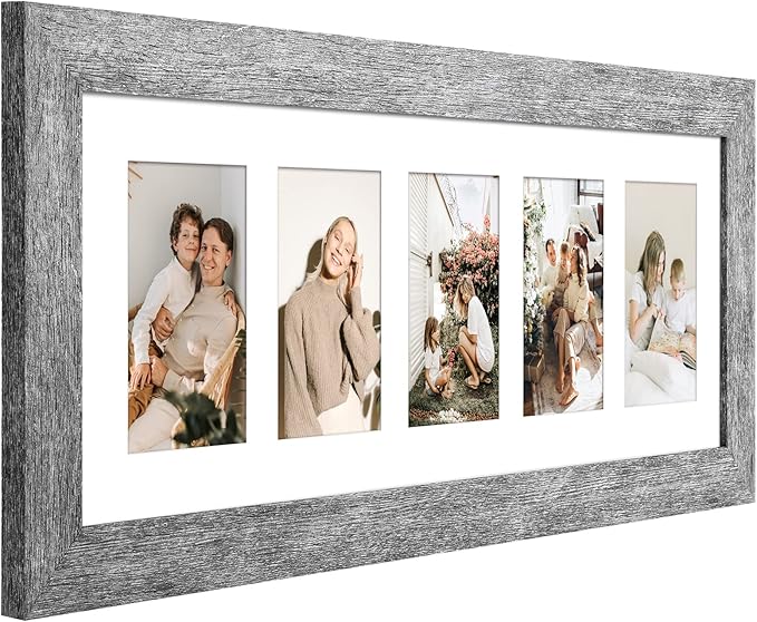 8x24 Picture Frame Display 5 opening 4X6 Picture Frame Collage,Multi Photo Frame with Mat,Plexiglass,Wall or Tabletop Decor,Grey Wood Grain