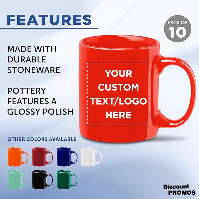 Custom Ceramic Coffee Mugs 11 oz. Set of 10, Personalized Bulk Pack - Coffee cup set, Iced coffee cup, Gaming mug - Red