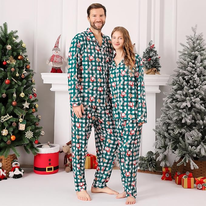 ANGELGGH Family Christmas PJs Matching Sets 2 Pcs Festival Party Pajamas Holiday Warm Sleepwear Couples Button Loungewear