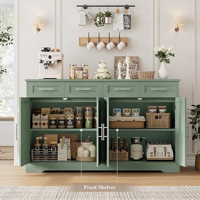 HOSTACK 60" Large Buffet Sideboard with Storage, 36" Tall Kitchen Buffet Storage Cabinet with 4 Drawers, Modern Coffee Bar Cabinet with Gold Handles, Long Sideboard Buffet Table for Kichen, Green