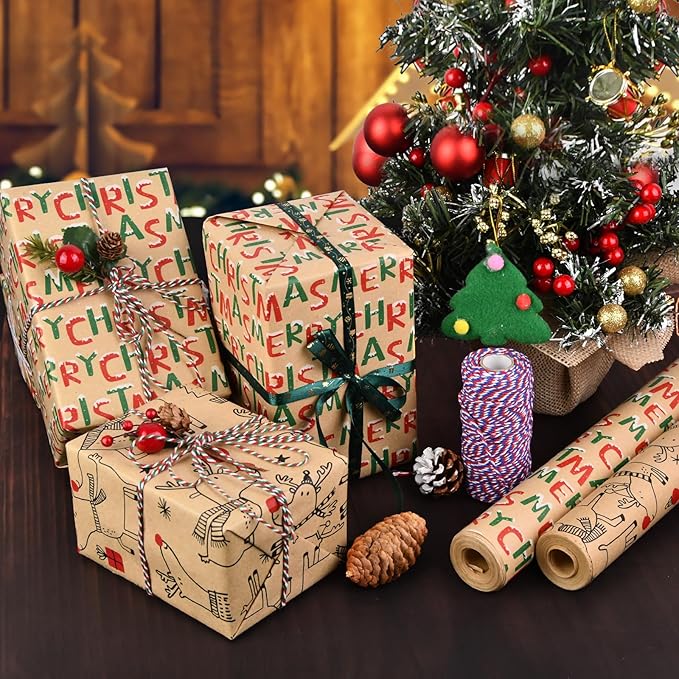 AhfuLife 2 Rolls Christmas Wrapping Paper, 17 Inch × 49.2 Feet Per Roll - Recyclable Kraft Xmas Wrapping Paper - Reindee Design for Kids Gift Box Birthday Party Decoration