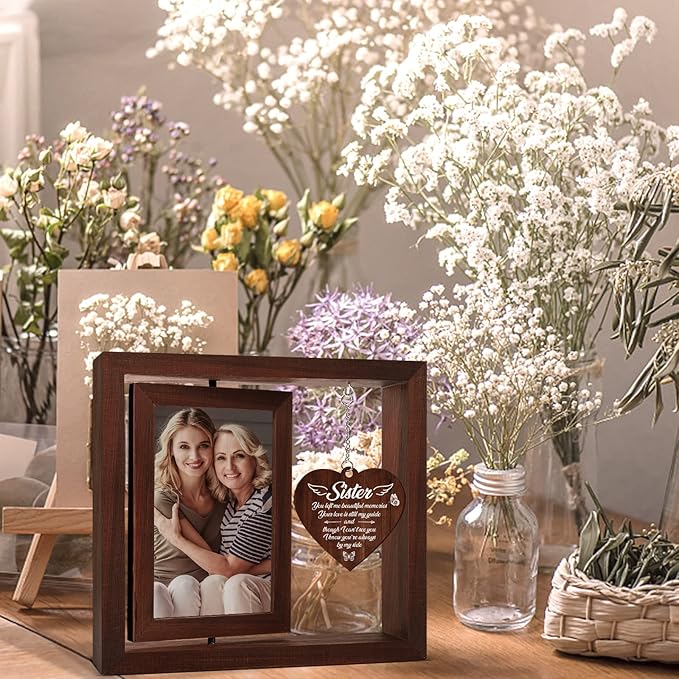 Memorial Gifts for Loss of Sister,Rotating Wooden Picture Frame, Sympathy Gift Keepsake, Healing Grief Gift for Loss of Sister, Remembrance for Funerals, Memorial Ceremonies, Fits 4x6 In Photo