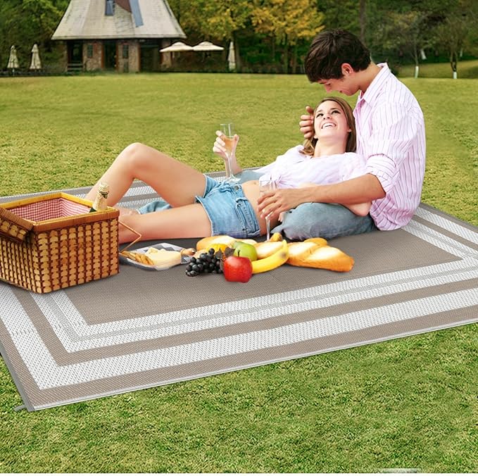 Outdoor Rug 8x10 Waterproof Patio Rugs Modern Border Reversible Mat for Front Door Rv Foldable Plastic Straw Carpet for Travel Trailers, Deck, Picnic, Camper, Balcony, Beach，Light Brown