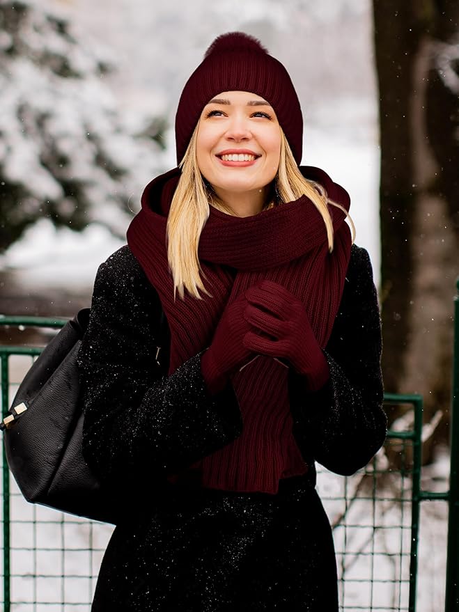 LOROME Women Winter Beanie Hat Scarf Gloves Set, Fleece Knitted Pompom Hat Warm Neck Scarf Touchscreen Gloves Winter Gift