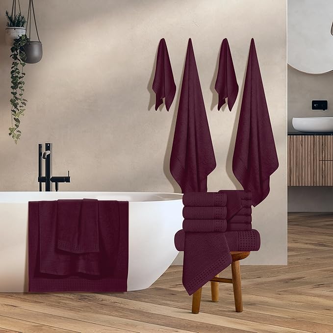 GLAMBURG Towels for Bathroom, 100% Cotton Towel Set, Contains 8 Soft Bath Towel, 8 Hand Towels, 8 Wash Cloths - Compact Absorbent Lightweight & Quickdry - 24 Piece Bathroom Towel Set - Burgundy