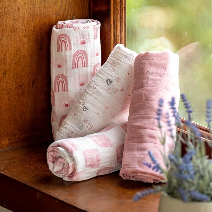 Muslin Swaddle Blankets for Newborn, 4 Pack Organic Cotton Baby Blanket, Large 31.5 x 43.3 Breathable Soft Receiving Blankets Girl, Essentials Swaddle Wrap Burping Clothes, Pink Rainbow