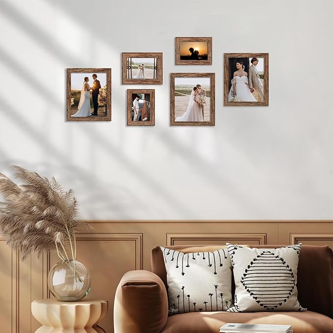 iRahmen 4x6 Picture Frame Set of 4, High Definition Glass Brown Frame, 4 x 6 Wood Rustic Photo Frames for Horizontal or Vertical Display Tabletop and Wall Mounting
