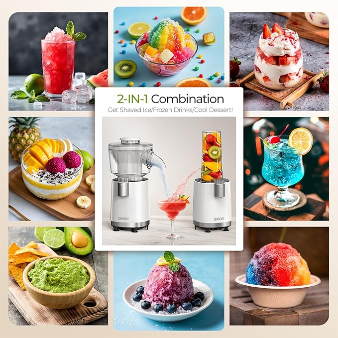 QIBOX Snow Cone Machine & Smoothie Blender 2 in 1, 700W Powerful Shaved Ice Machine Slushine Machine, Healthy Frozen Drink Maker with Stainless Steel Blade & Smoothie Recipe, for Home Kitchen Party