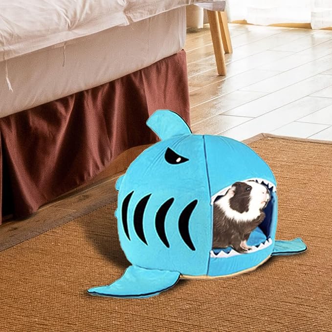 Guinea Pig Hideout Bed Warm Small Animals House Cave for Chinchilla | Winter Warm Sleeping Bed with Removable Washable Pad, Shark Cat Bed Nest for Ferret Hedgehog Rat Cage Accessories