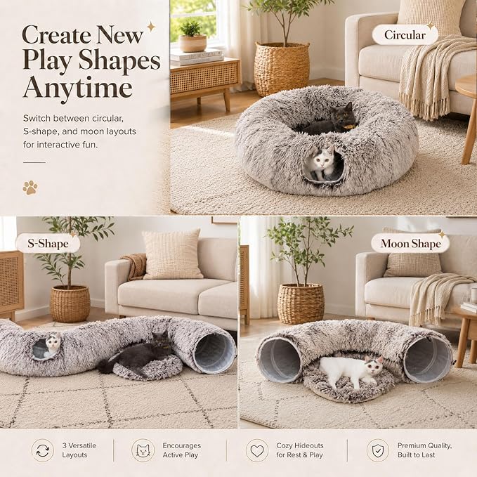 Warm Fluffy Plush Cat Tunnel Bed Under Christmas Tree Big Tube Playground Toys 3 FT Diameter Longer Crinkle Collapsible 3 Way, for Indoor Cat Kitty Kitten Puppy Rabbit Ferret Brown