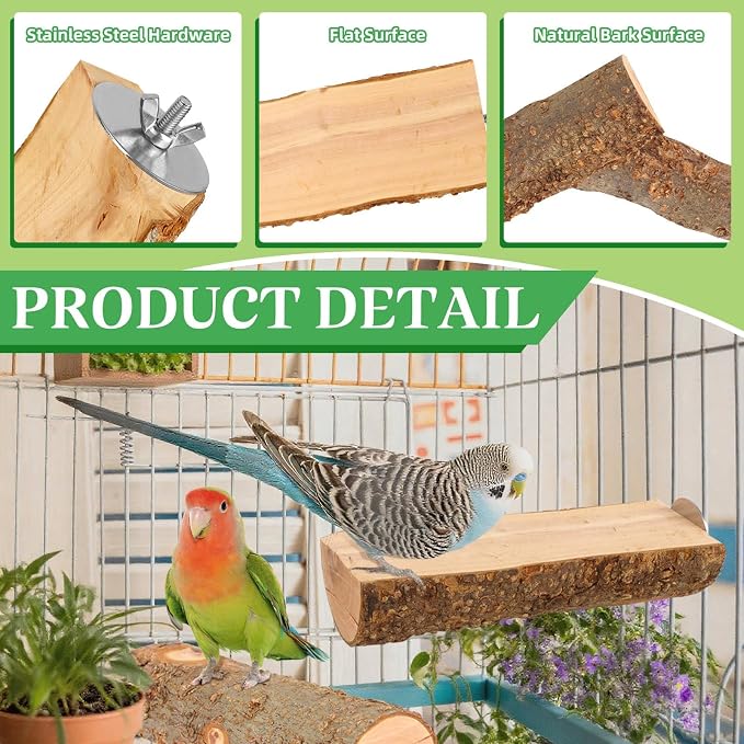 2 Pcs Natural Apple Wood Bird Perch Platform for Cage | Fits Small Parrots (Budgies, Conures) | Flat Top & Bark Underside to Support Foot Health | Tool-Free Mount
