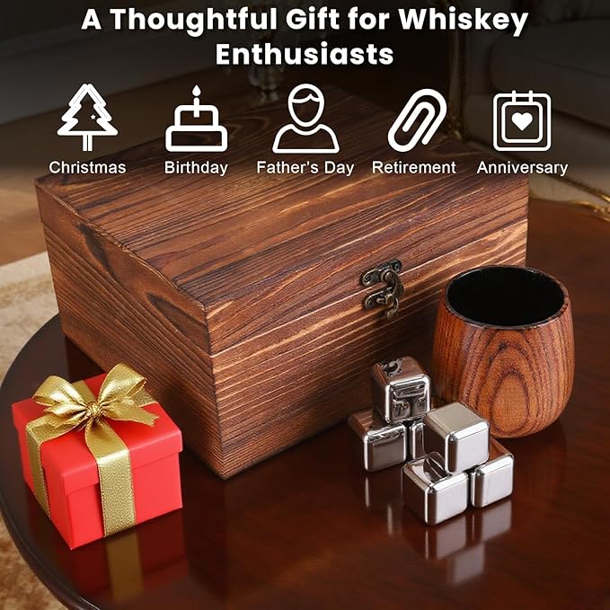 Charred Wooden Bourbon Drinking Glasses Set of 2 – Wooden Whiskey Tumblers & Old Fashioned Glasses | Whisky Glass Sets | Whiskey Gifts for Men, Dad & Birthday, Christmas, Anniversary