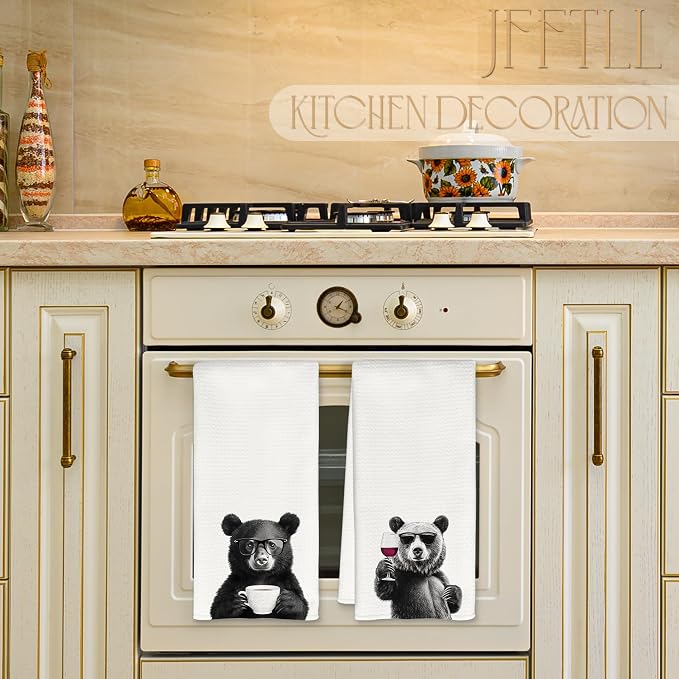 Funny Bear Kitchen Towels Set of 2, Funny Kitchen Decor, Coffee Station Wine Bar Decor, Black and White Bear Owner Gift Hand Towel, Dining Room Decorative Tea Towel Dish Towels 16x24 Inch