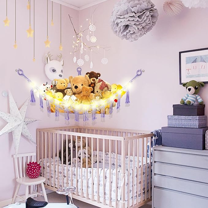 CERETIA Stuffed Animal Hammock with LED Light, Large Stuffed Animals Storage Corner Plushie Net for Kids Room Decor, 2 Packs Purple
