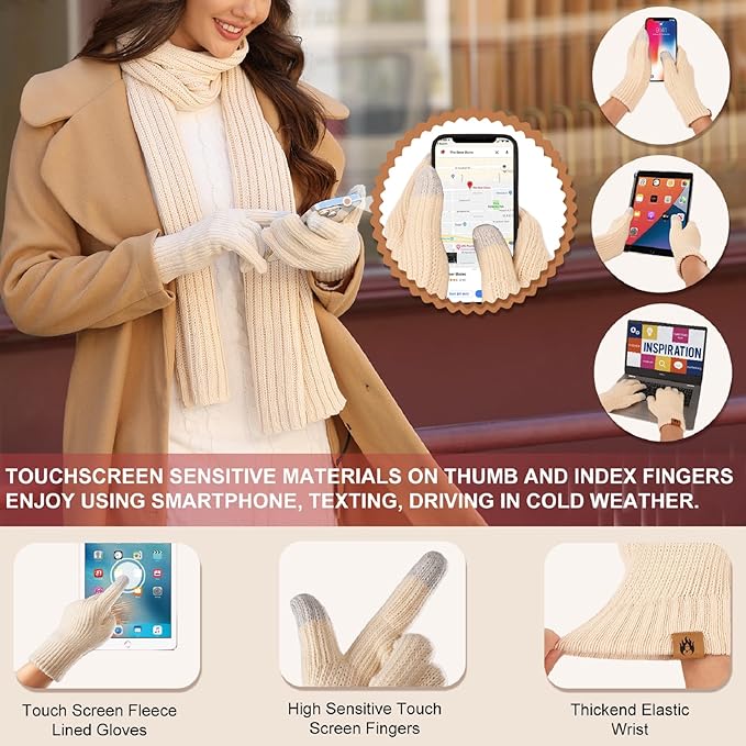 HEEKPEK Winter Beanie Hats Scarf Gloves Ear Muffs Fuzzy Socks 5pcs Set for Women Cold Weather Beanies Touch Screen Gloves