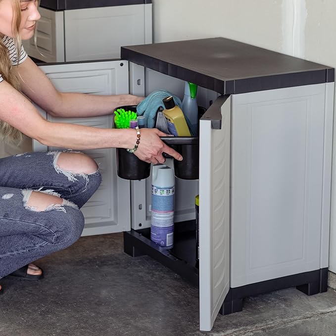 Sunnydaze 25.5" H Resin Garage Storage Cabinet - Garage Cabinet with Adjustable Shelf - Freestanding Utility Storage for Laundry Room, Office, Basement - Gray