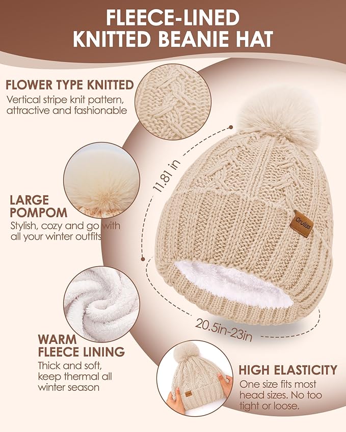 Womens Winter Beanie Hat Scarf Gloves Set, Fleece Lined Knitted Hat with Pompom Long Scarf Touchscreen Mittens for Women Men
