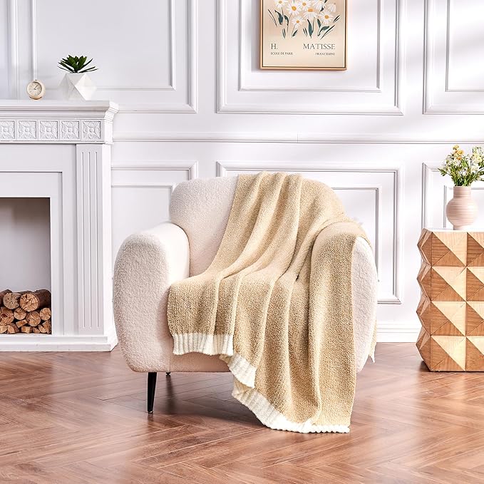 CozeCube Super Soft Fullfy Microfiber Reversible Knitted Blankets, Warm Cozy Fuzzy Plush Throw, Beige and White Melange Throw Blanket for Couch Bed Sofa, 60" x 80"