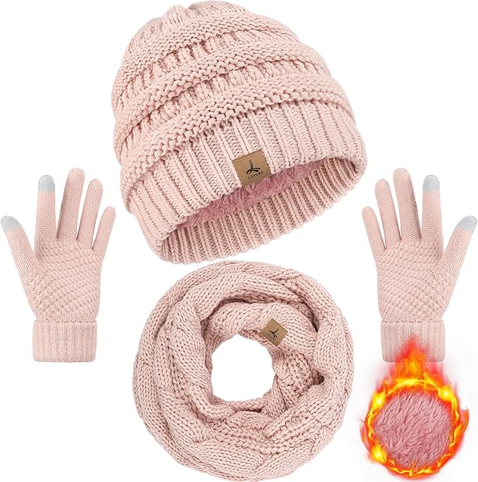 Winter Beanie Hat Scarf Gloves, Warm Fleece Knit Hats Touch Screen Gloves Neck Scarf Set Winter Gifts for Unisex Adult