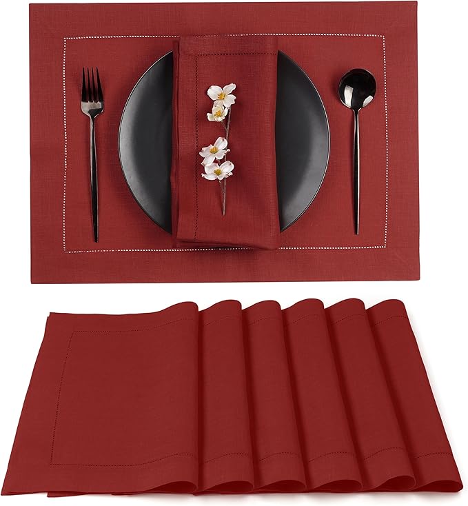D'Moksha Homes Red Linen Placemats Set of 6 - Classic Hemstitch Placemats 14 x 19 Inch - 100% Pure Linen Table Mats for Fall, Thanksgiving, Christmas, Holiday - Handcrafted and Machine Washable