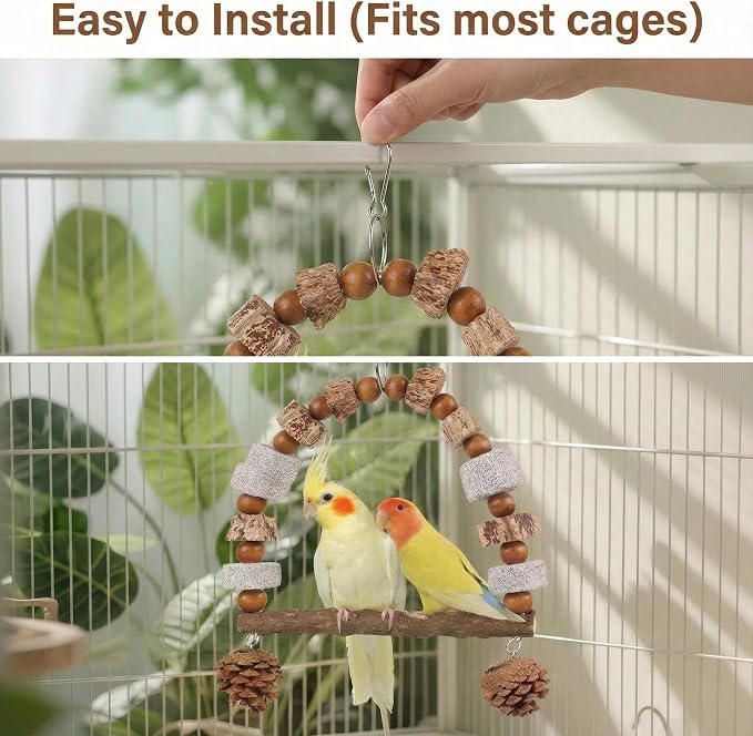Natural Wood Bird Swing Toy for Parakeets Cockatiels, Parrot Hanging Perch with Chewing Pine Cones & Beak Grinding Pumice Stone, Bird Cage Accessories for Conure Lovebirds Budgies - Boredom Relief