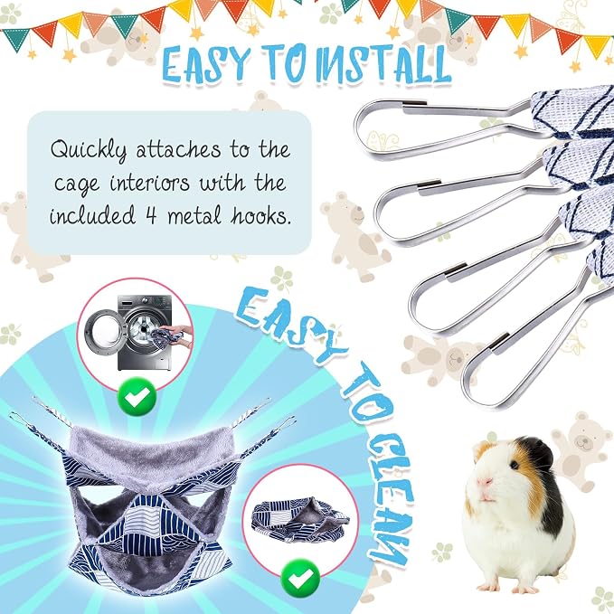3 Tier Ferret Rat Hammock, Guinea Pig Cage Accessories, Blue Check | Rat Hammock for Cage, Pet Cage Hanging Hammock, Small Animals, Guinea Pig, Ferret, Kitten, Squirrel, Chinchilla, Rat, Parrot