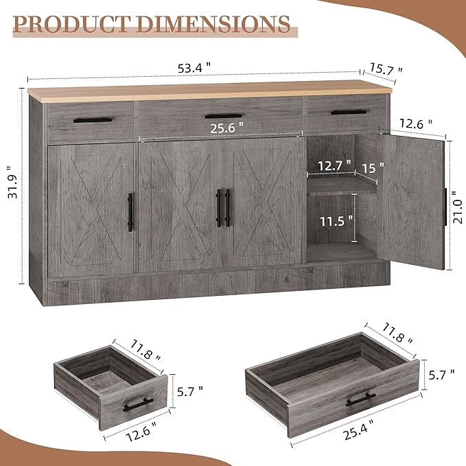 Shintenchi Buffet Cabinet with Storage,53.4" Large Kitchen Storage Cabinet with 3 Drawers and 4 Doors,Wood Farmhouse Buffet Sideboard with Adjustable Shelf for Kitchen Living Room, Gray