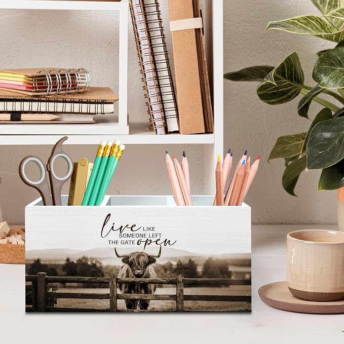 DILSJ Inspirational Highland Cow Pen Pencil Holder Organizer for Desk, Highland Cow Gifts, Rustic Live Like Someone Left the Gate Open Wooden Box Signs for Home Office Desk Tabletop Decoration