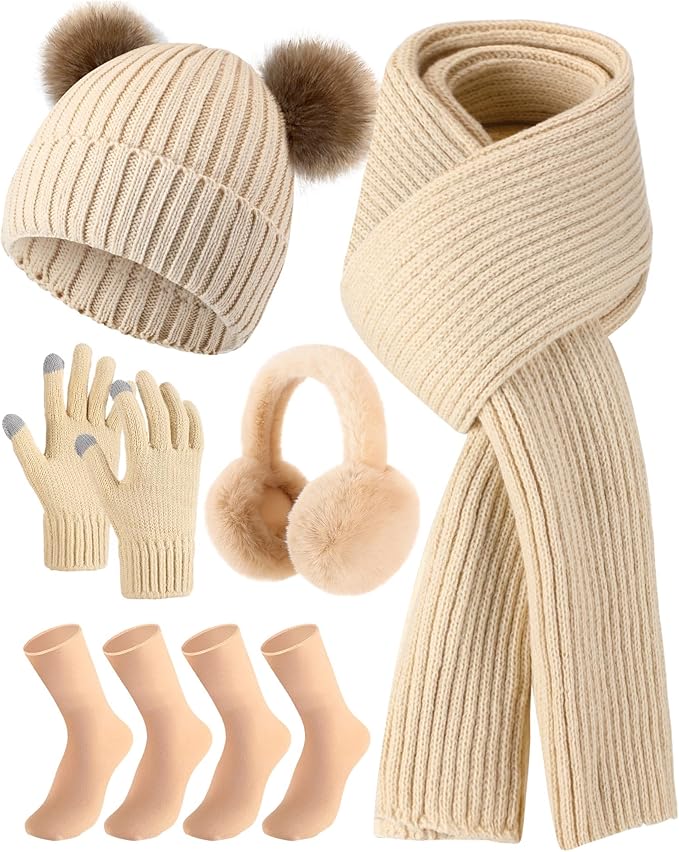 Geyoga 6 Pcs Winter Warm Fleece Knit Hat Long Scarf Touchscreen Gloves Ear Muffs Socks Sets, Winter Warm Gifts for Women