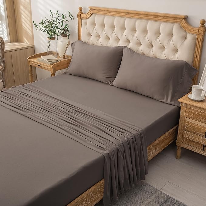 PURE ERA Jersey Knit 3pcs Bed Sheet Set 100% T-Shirt Cotton Super Soft Comfy Breathable Fits Mattress Up to 20" Extra Deep Pocket (Solid Brown, Twin XL)