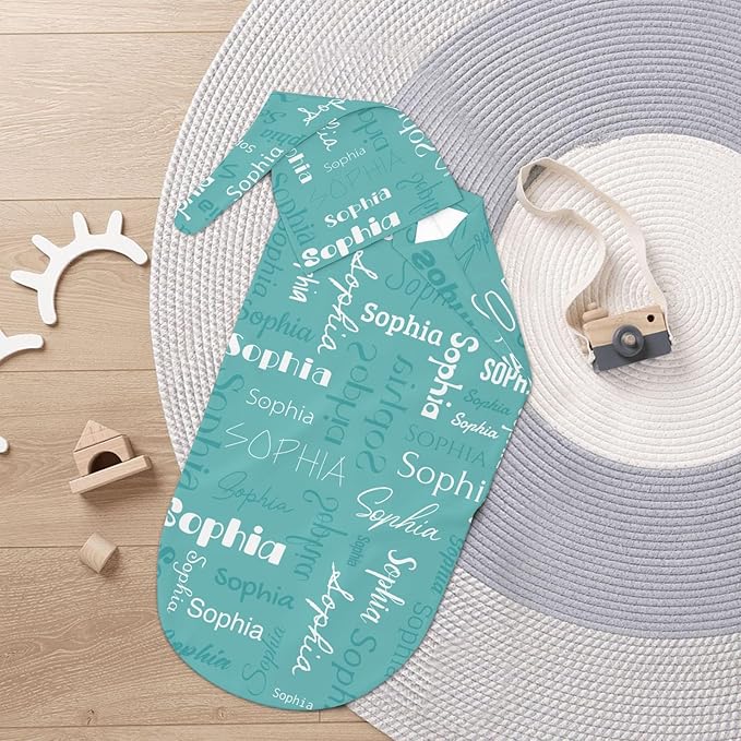 Personalized Baby Swaddle Blanket for Boys Girls Name Lettering Lake Blue Custom Name Receiving Soft Blanket with Cap for Newborn Girls and Boys